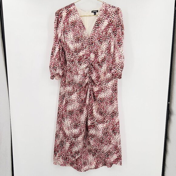 Express Women's Abstract Print Puff Sleeve Ruched Front Hi-Lo Midi Dress XL - Picture 2 of 12